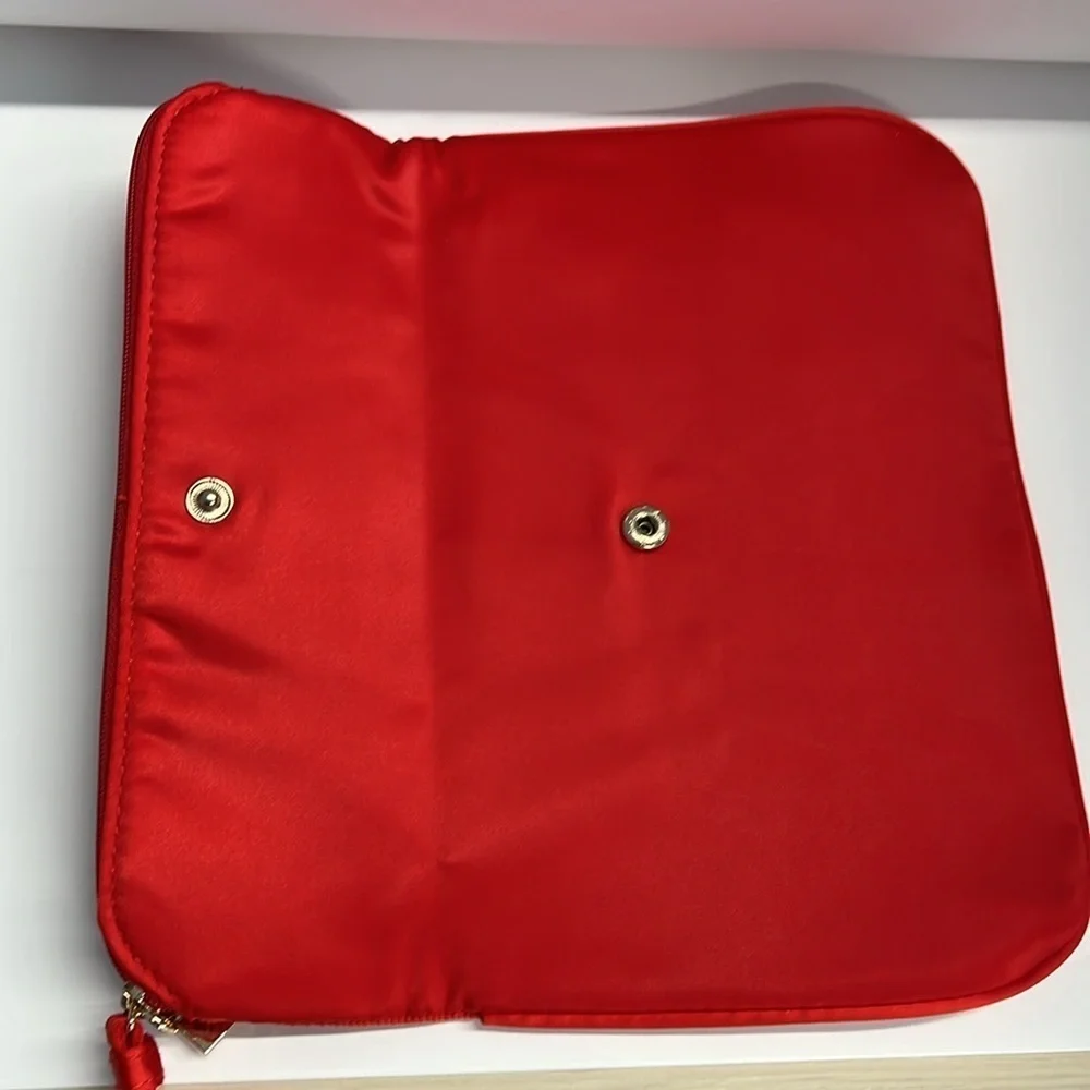 Giorgio Armani Red Satin Foldover Snap Zip Large Wristlet Clutch Bag - New